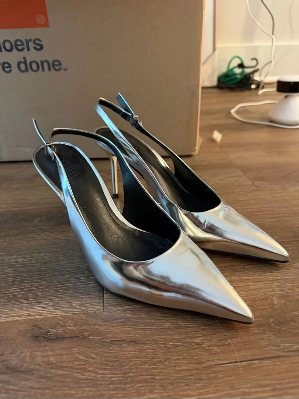 SCHUTZ - Metallic Silver Pointed-Toe Slingback Stiletto Heels